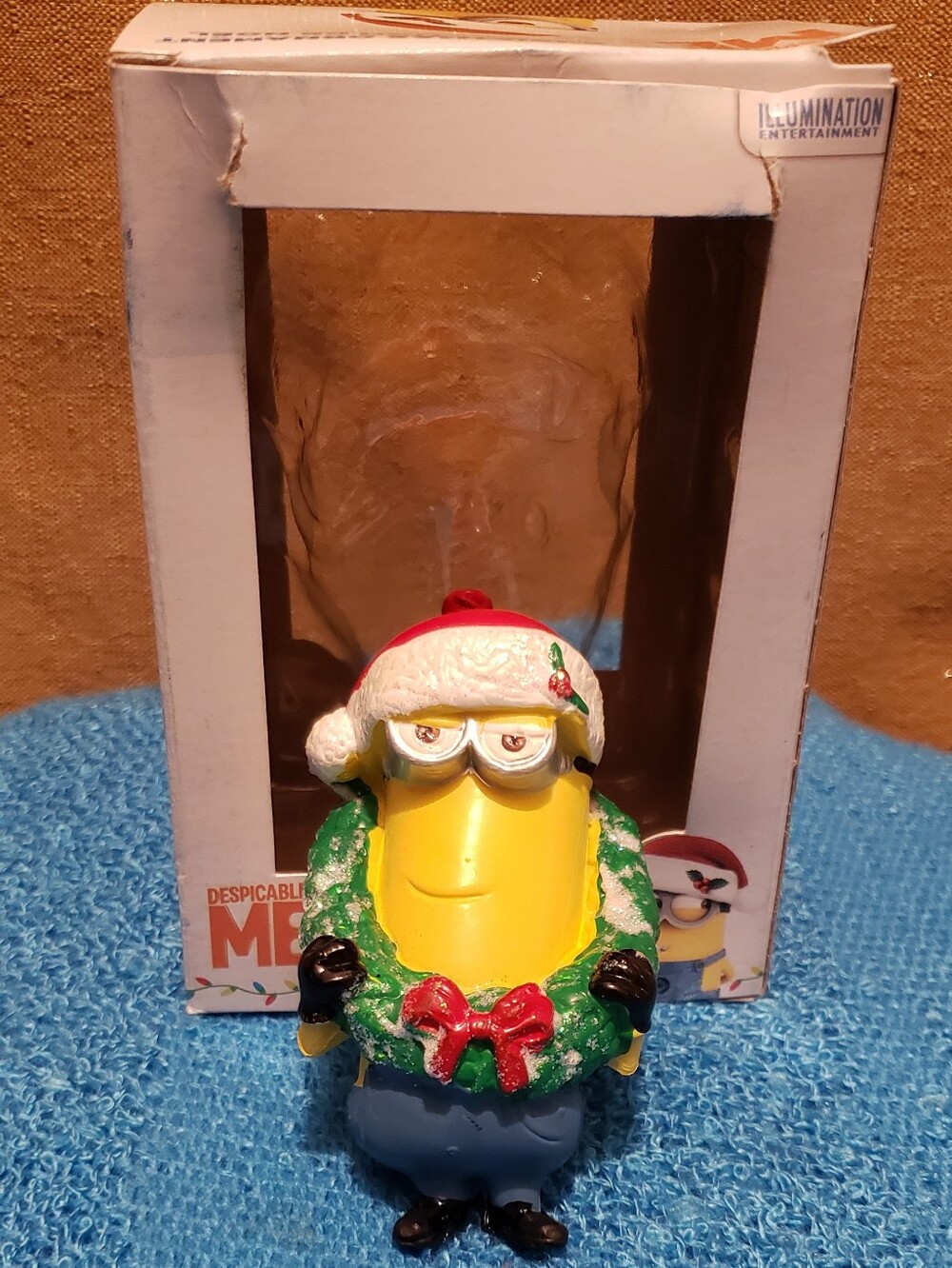 Yellow Minion Ornament with Green Wreath and Red Hat